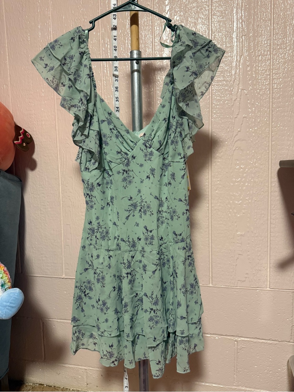Floral Ruffle V-Neck Mini Dress in Sage Green